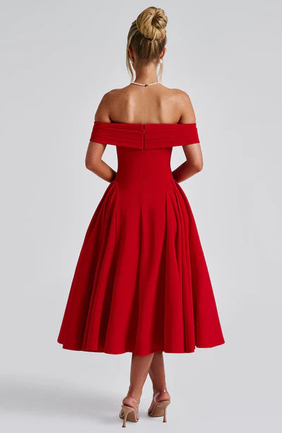 A-Line Off-the-Shoulder Bardot neckline with pleat detail Midi length Prom Dress 